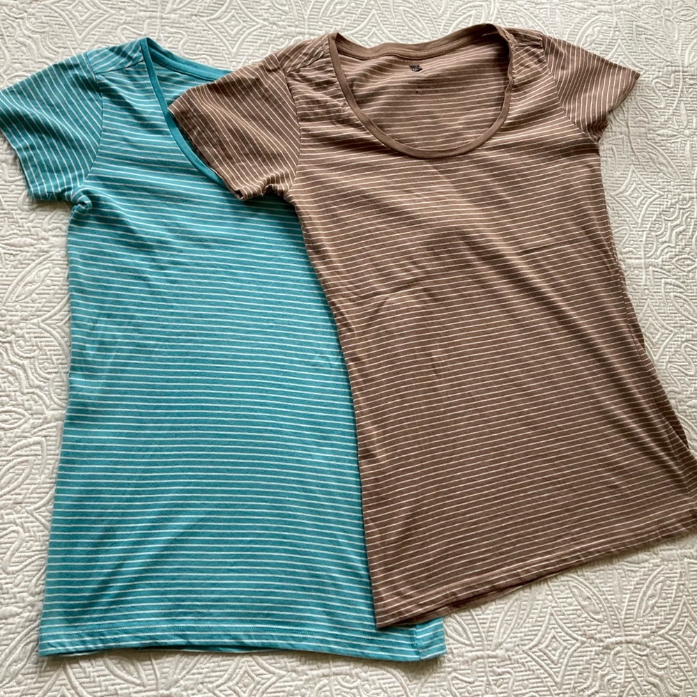 PACT Organic Cotton Short Sleeve XS Stripe Tees:  1 Aqua, 1 Cocoa (Lot of 2)